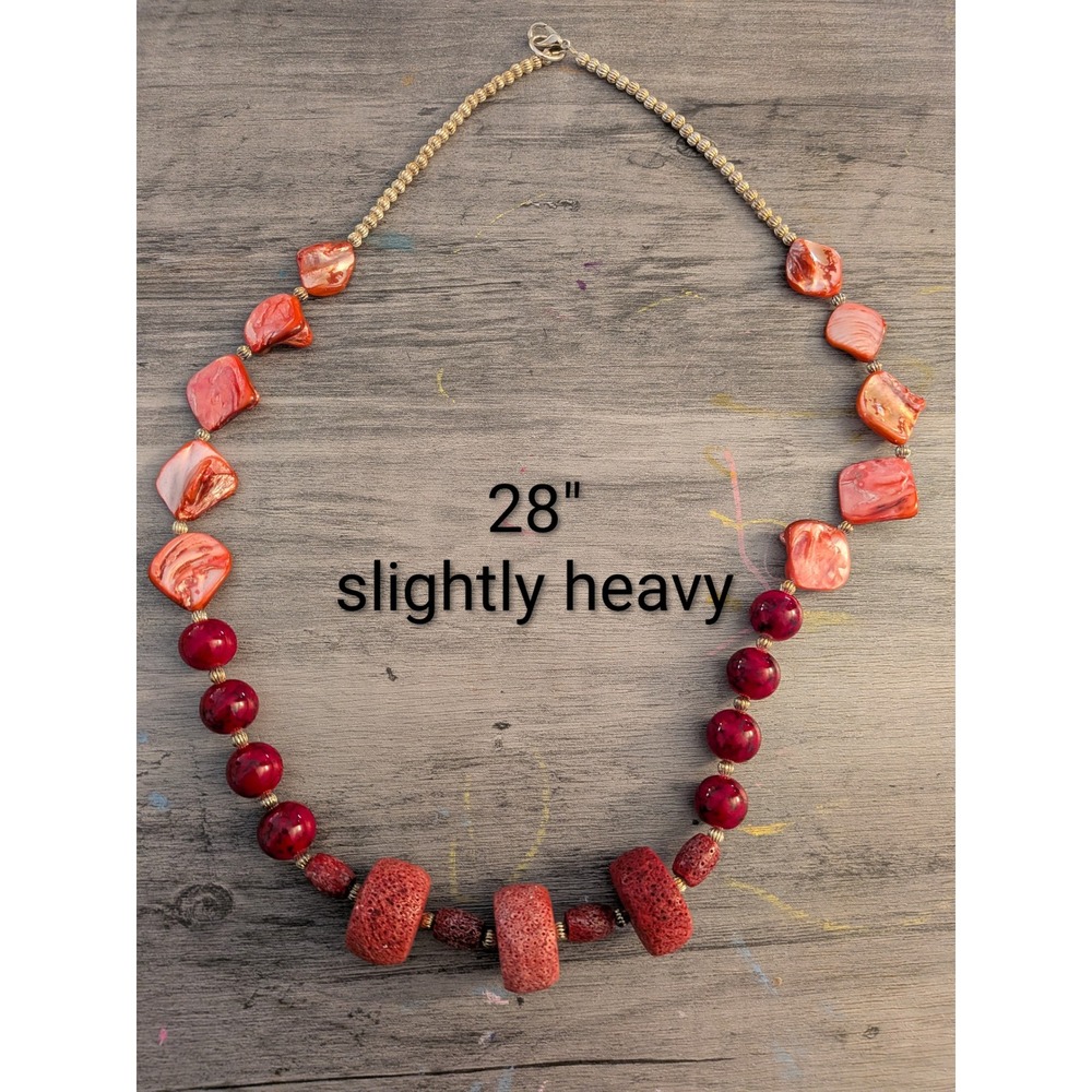 Vintage Red Orange Beaded Statement Necklace Shell Sponge Coral 28 Inch Boho
